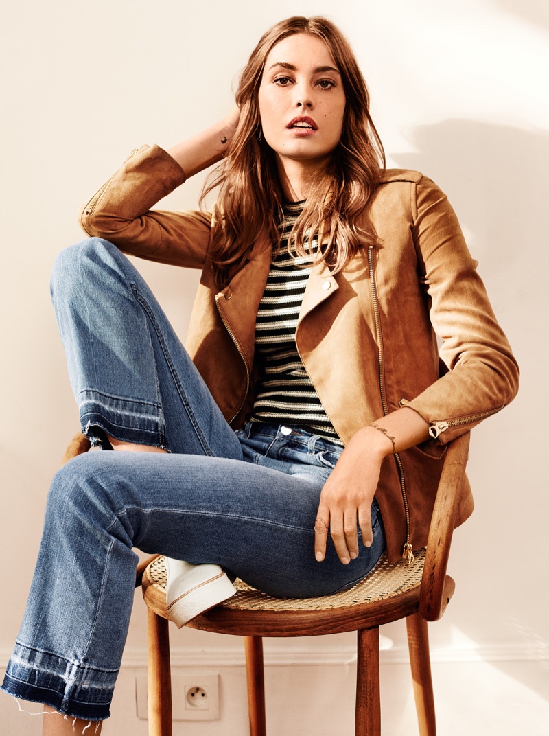 H&M Imitation Suede Biker Jacket, Ribbed Top, Kick Flare Jeans and Slip-on Shoes