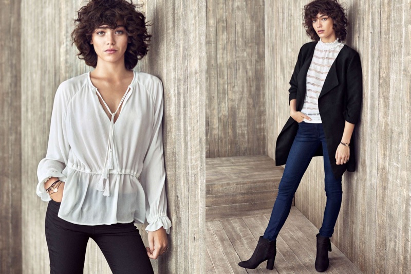 (Left) H&M Crinkled Blouse and Slim-Fit Bootcut Pants (Right) Imitation Suede Coat, Slim-Fit Pants and Boots with Tassels