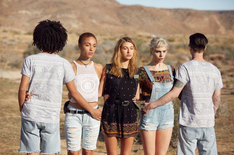 Adwoa Aboah, Hailey Baldwin and Julia Cumming on set of the H&M x Coachella 2016 campaign