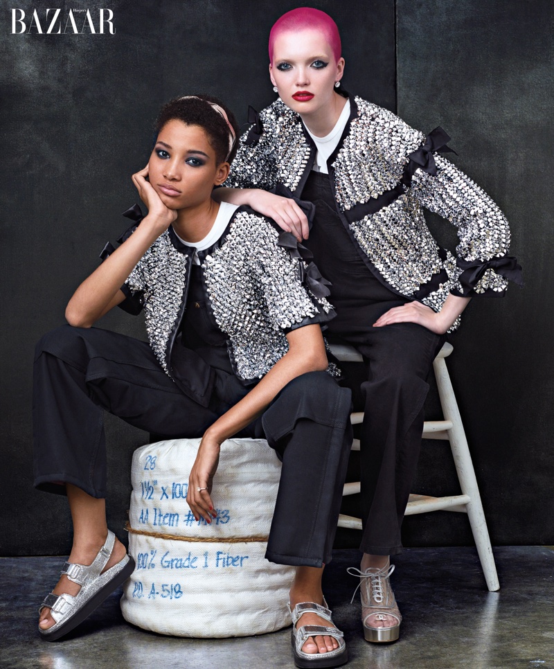 Lineisy Montero and Ruth Bell pose in Chanel jackets for the editorial