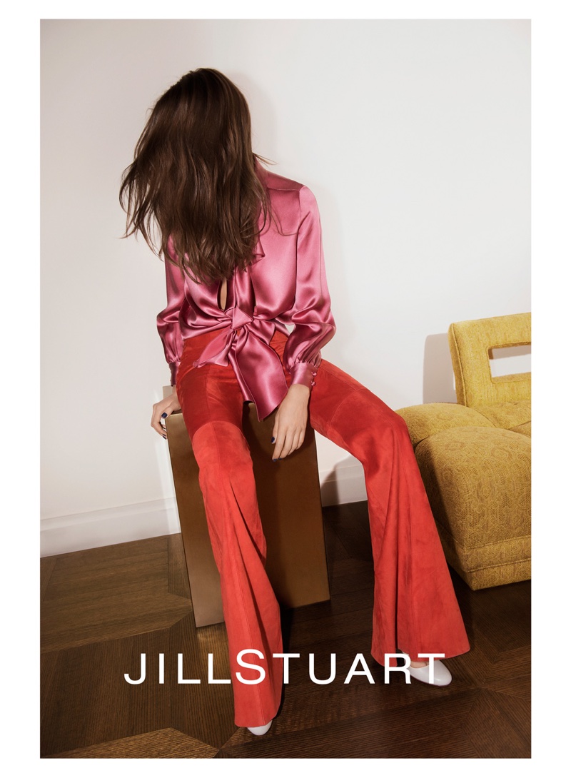 Romy models silk blouse and high-waist trousers from Jill Stuart's spring 2016 collection