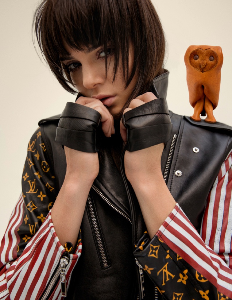 Kendall Jenner gets rebellious in a Louis Vuitton leather jacket with monogram and stripe print