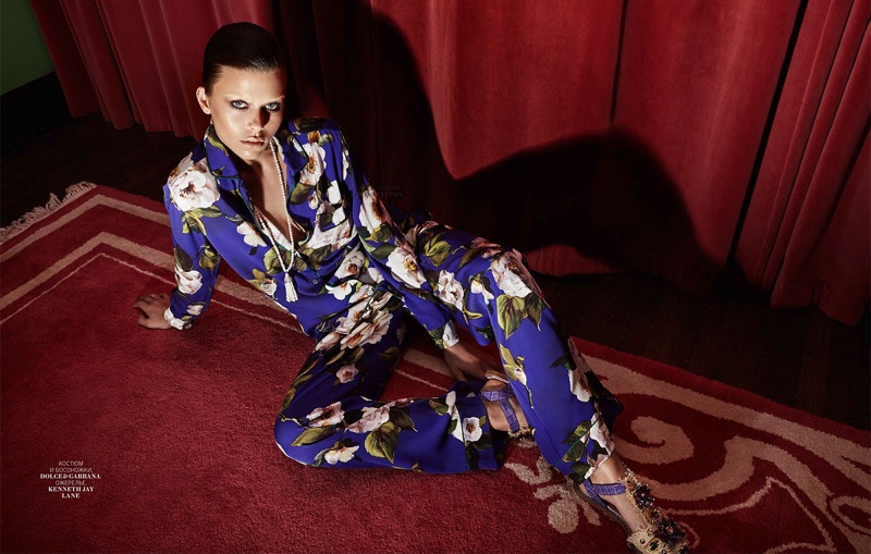 Georgia Fowler models floral print pajama style top and pants by Dolce & Gabbana with embellished sandals