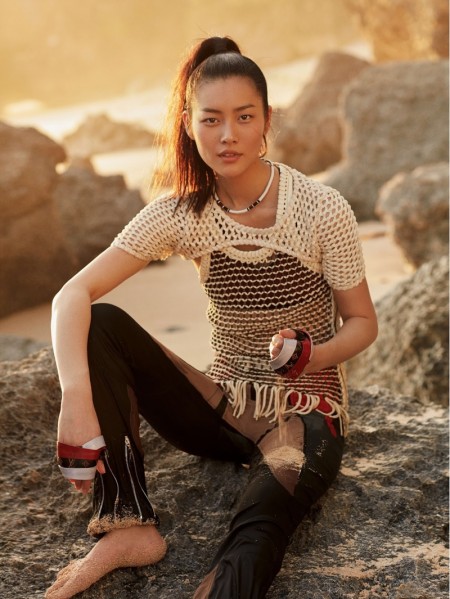 Liu Wen Hits the Beach in 90s Inspired Fashion for ELLE China