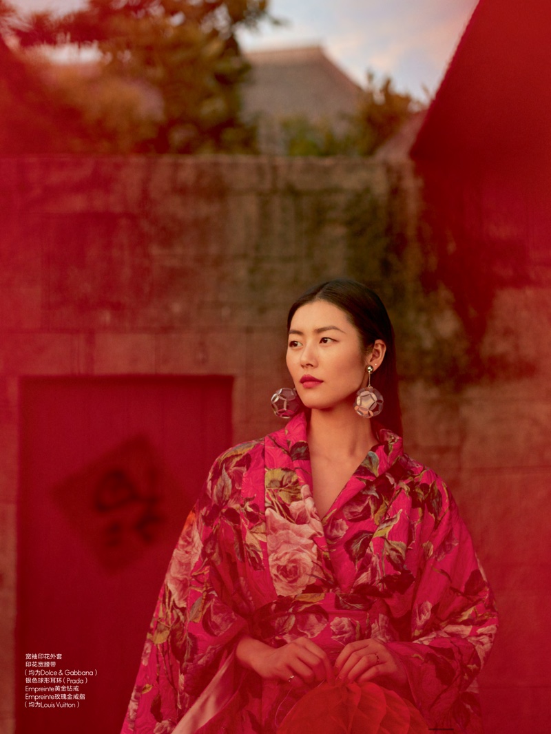 Liu Wen poses in floral print robe by Dolce & Gabbana