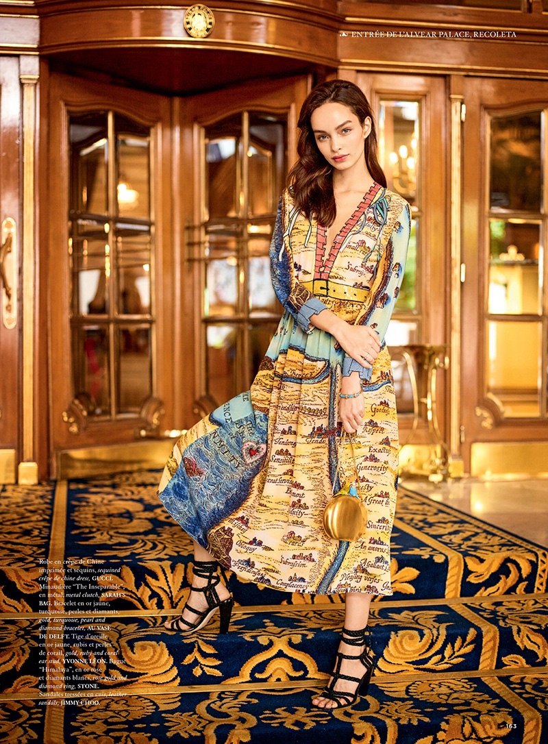 Luma Grothe poses in a patterned Gucci dress