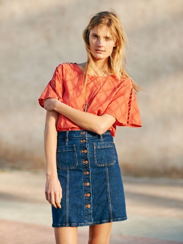 Madewell Embroidered Lattice Top and Denim Button-Front Skirt