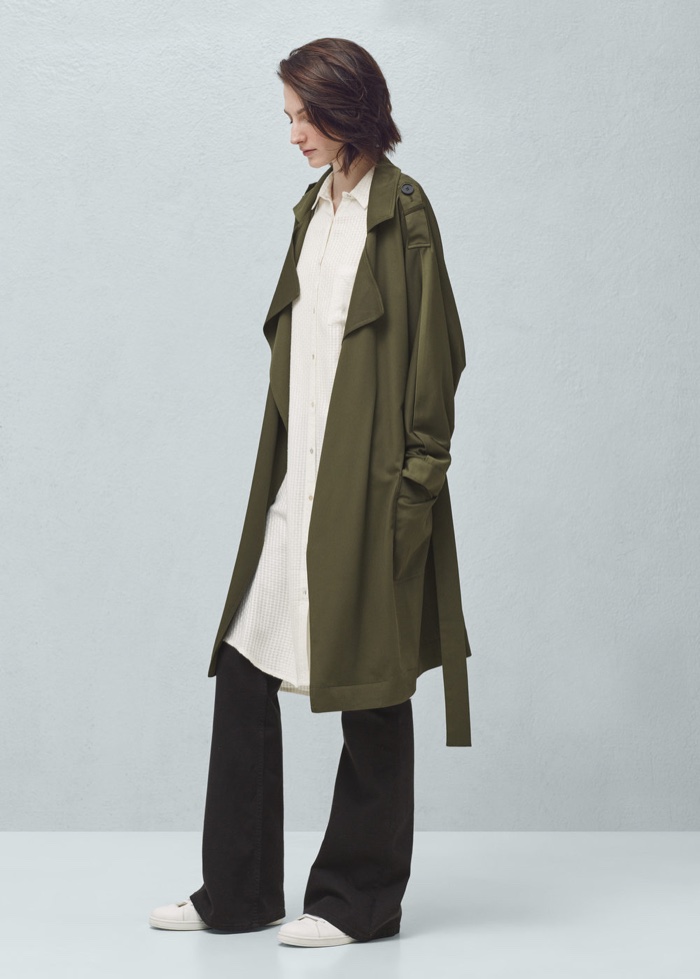 Mango Flowy Trench Coat in Olive Green