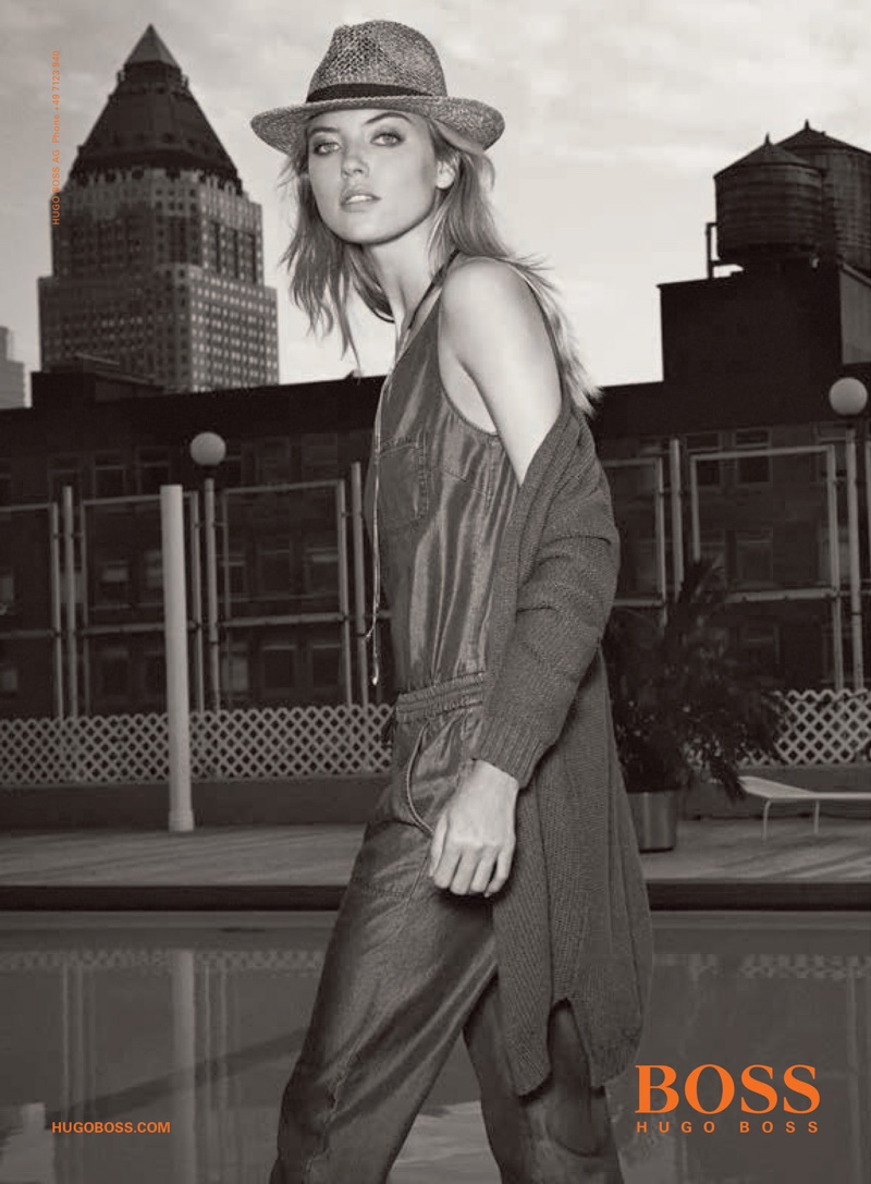 Martha hunt wears a fedora hat and trousers in Hugo Boss Orange spring 2016 campaign