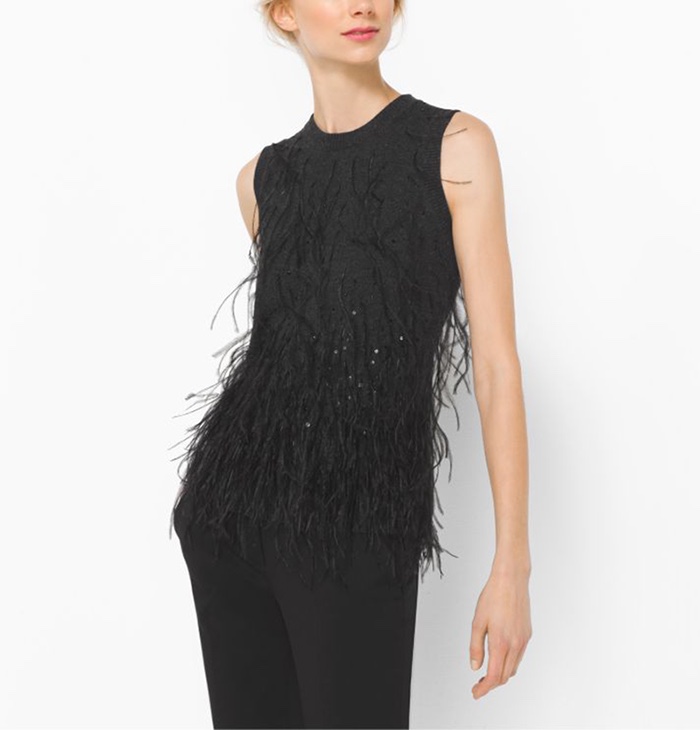 Michael Kors Feather Embroidered Cashmere Shell Top