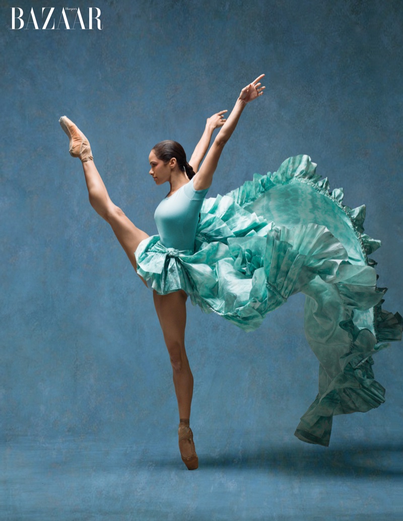 Misty Copeland shows off her ballet moves in a leotard and Roberto Cavalli skirt