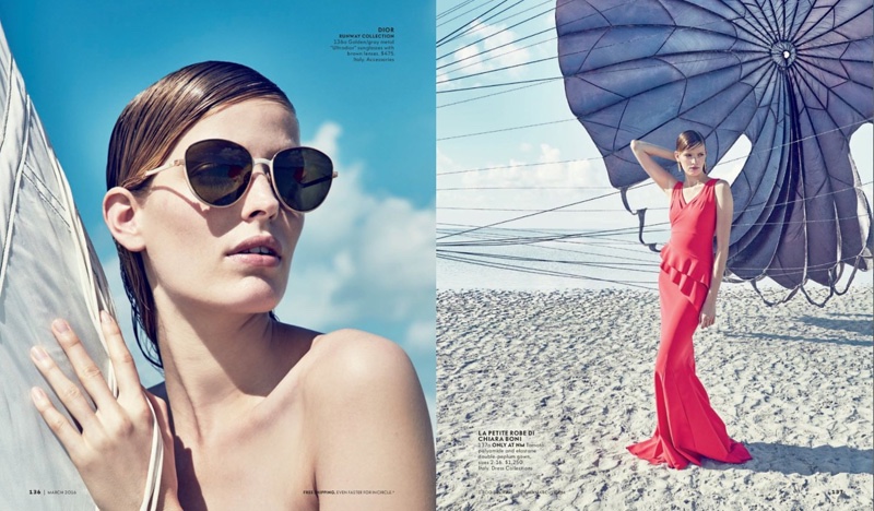 The model soaks up the sun in Dior Ultradior sunglasses (left) and a tomato red La Petite Robe di Chiara Boni peplum gown