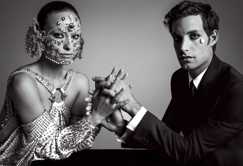 Olivia Wilde models Givenchy gown and face jewelry with Vinyl co-star James Jagger. Photo: VOGUE/Inez & Vinoodh