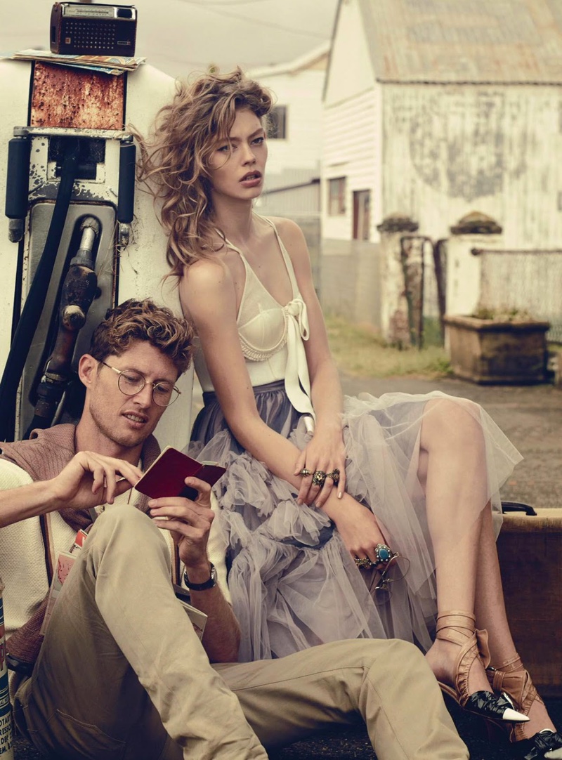 Ondria Hardin models a Balenciaga dress and tulle skirt