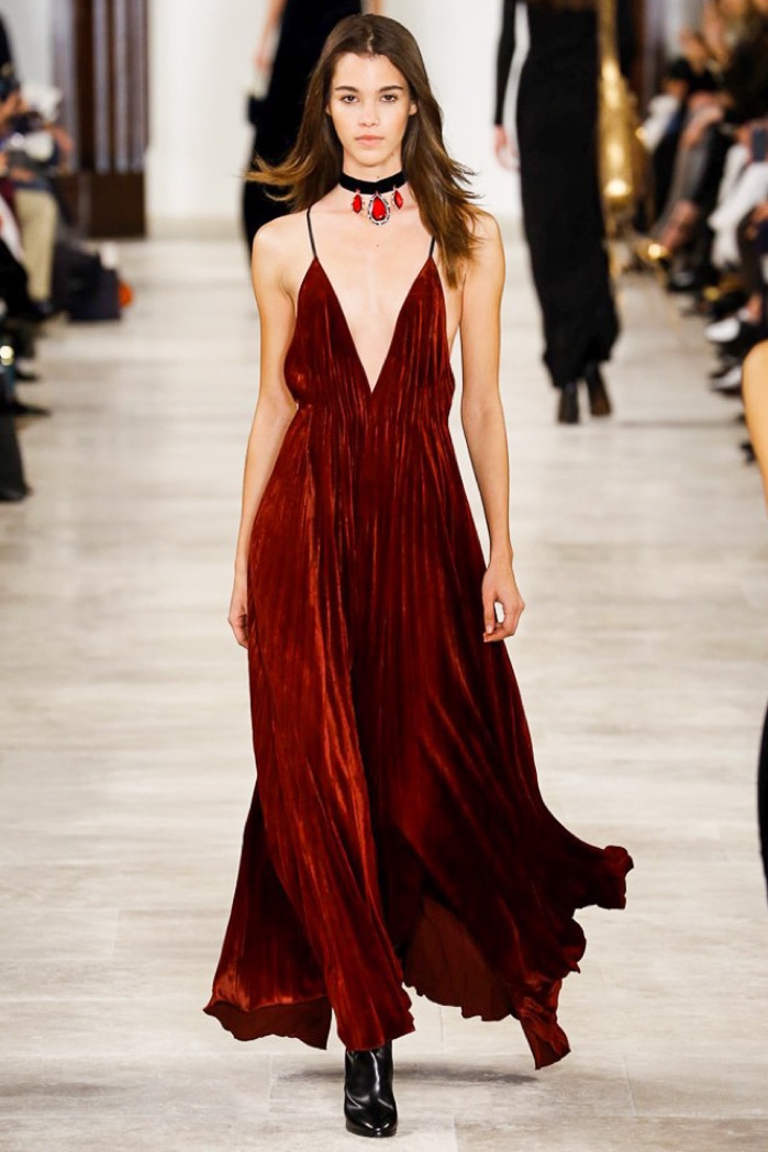 Ralph Lauren's fall-winter 2016 runway show featured a velvet dress with a plunging neckline