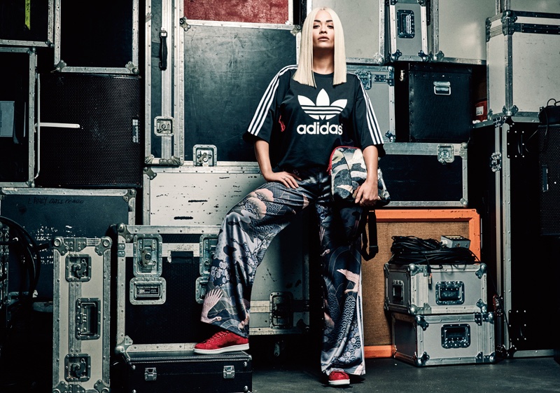 Rita Ora x adidas Originals Kimono Sweatshirt, Kimono Print Track Pants and Stan Smith Sneakers