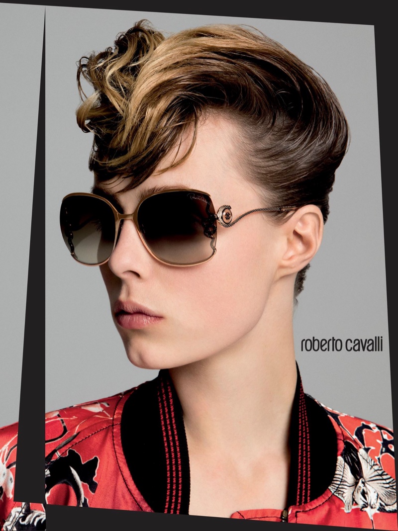 Edie Campbell wears geometric sunglasses in Roberto Cavalli's spring 2016 advertising campaign