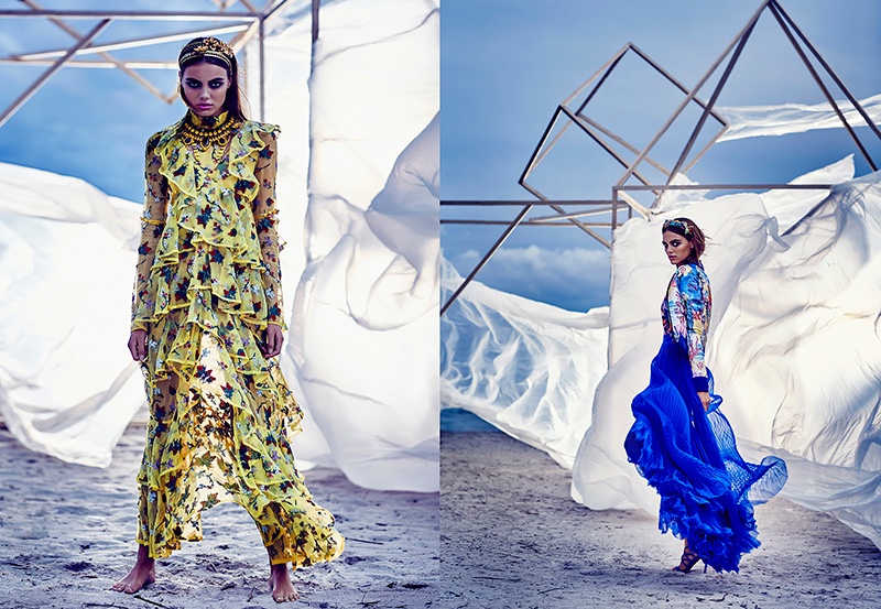 The model poses in spring's ruffle trend with a yellow Erdem dress (left) and DSquared2 jacket and skirt (right)