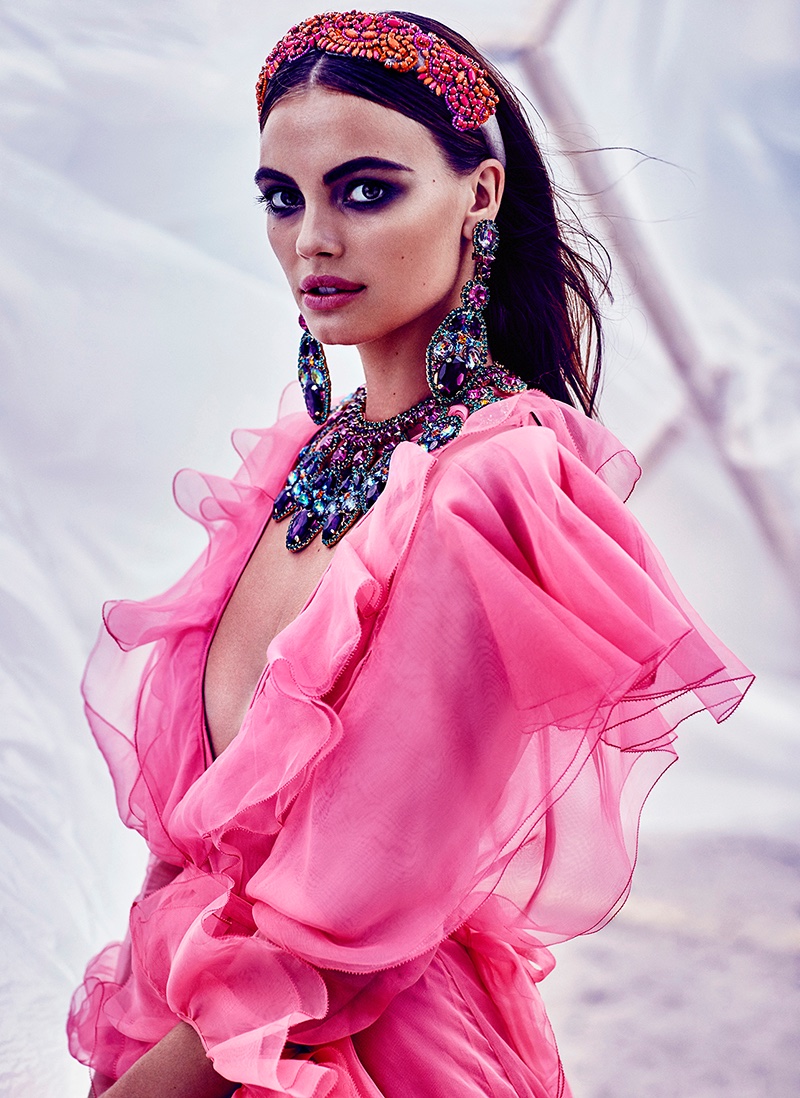 Looking ethereal in a pink Gucci dress with ruffles, Kristina stars in FASHION editorial