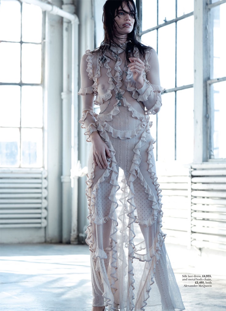 Rianne models a silk lace, ruffle dress from Alexander McQueen