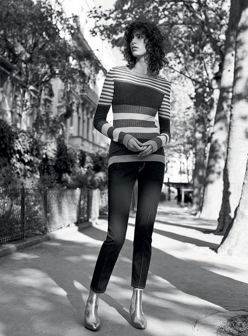 Mica models striped sweater and cropped trousers in Sandro's spring-summer 2016 campaign