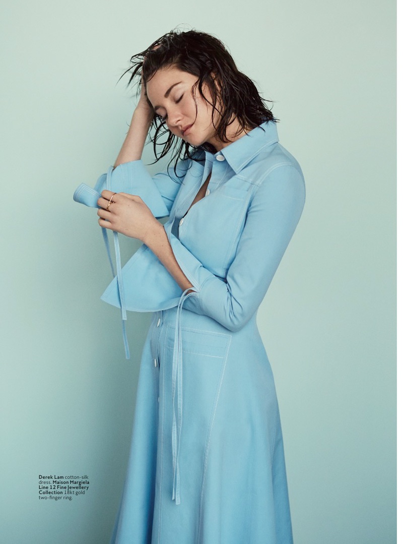 Shailene poses in a blue cotton silk dress from Delpozo