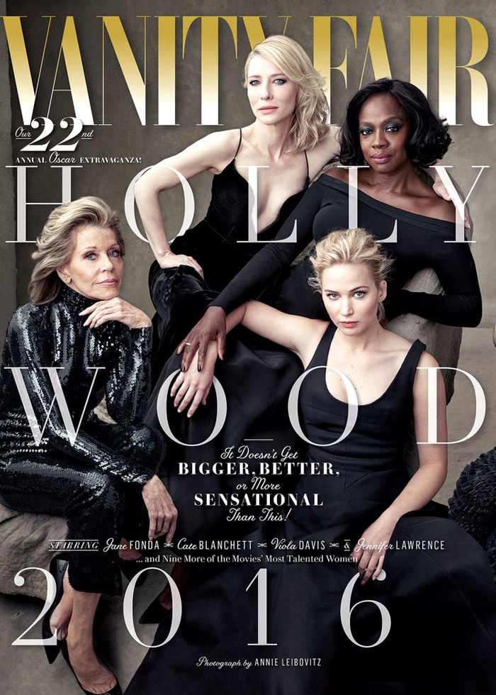 Jane Fonda, Cate Blanchett, Viola Davis and Jennifer Lawrence on Vanity Fair 2016 Hollywood Issue cover. Photo: Annie Leibovitz