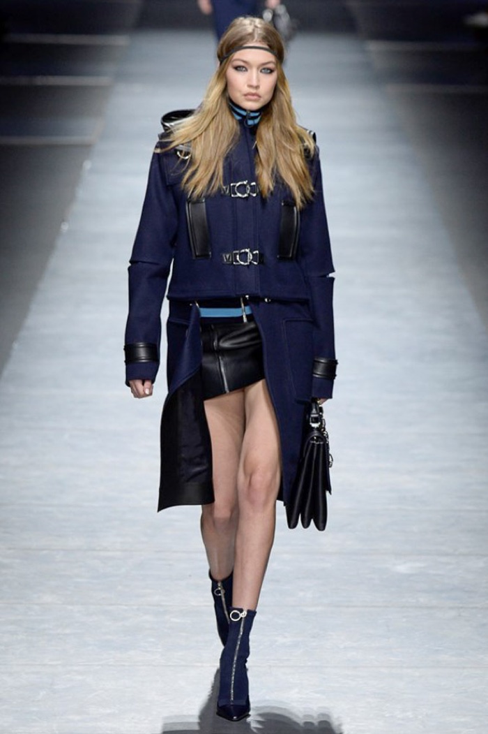 Gigi Hadid walks Versace's fall-winter 2016 show during Paris Fashion Week