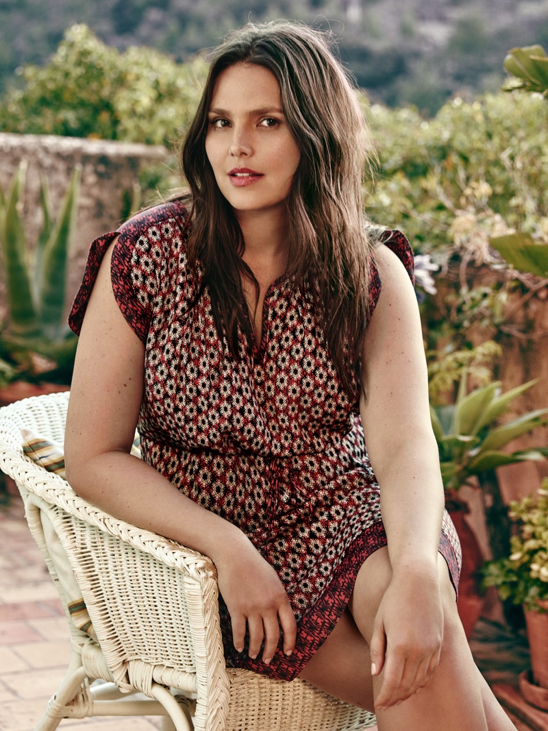 Photographed for Violeta by Mango, Candice Huffine models a printed tunic