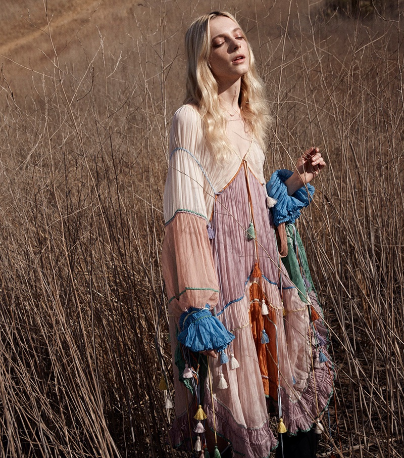 Zlata Semenko models a multi-colored dress designed by Chloe with tassels