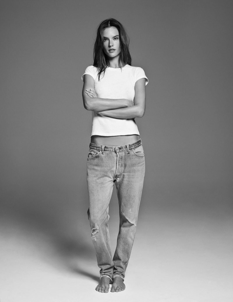 Alessandra Ambrosio models a Re/Done x Hanes t-shirt with jeans