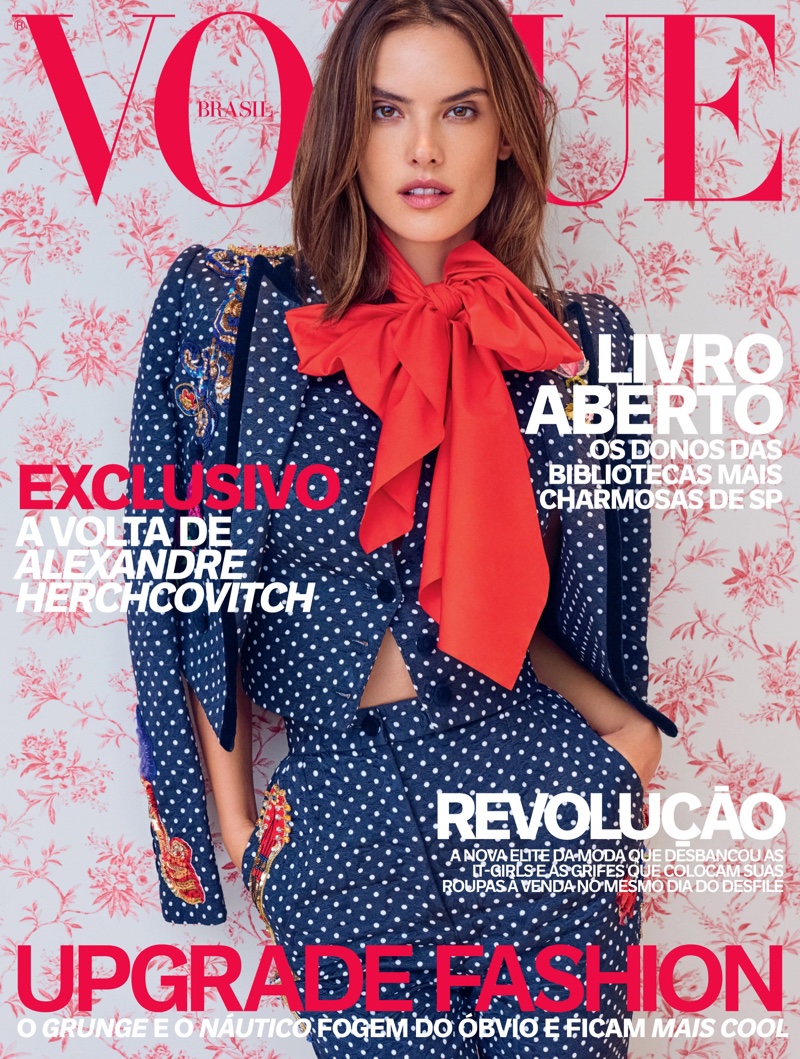 Alessandra Ambrosio poses in a polka dot print pant suit from Dolce & Gabbana on Vogue Brazil April 2016 Cover
