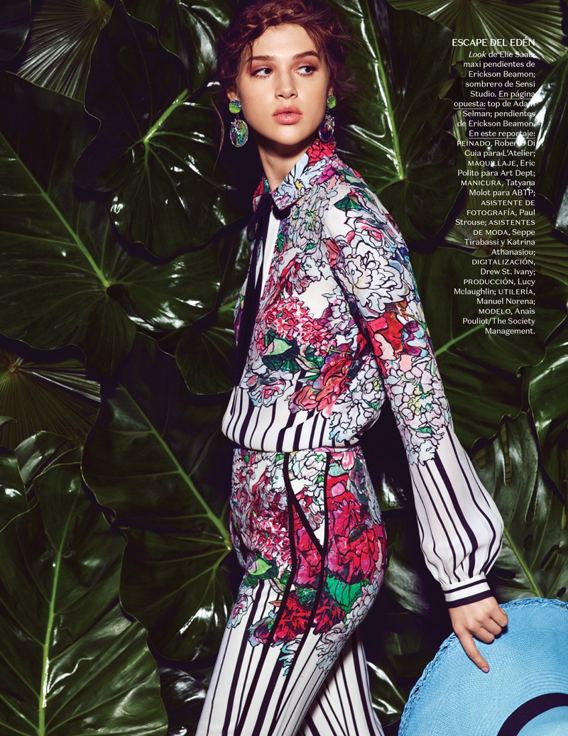 Anais Pouliot poses in Elie Saab printed top and trousers