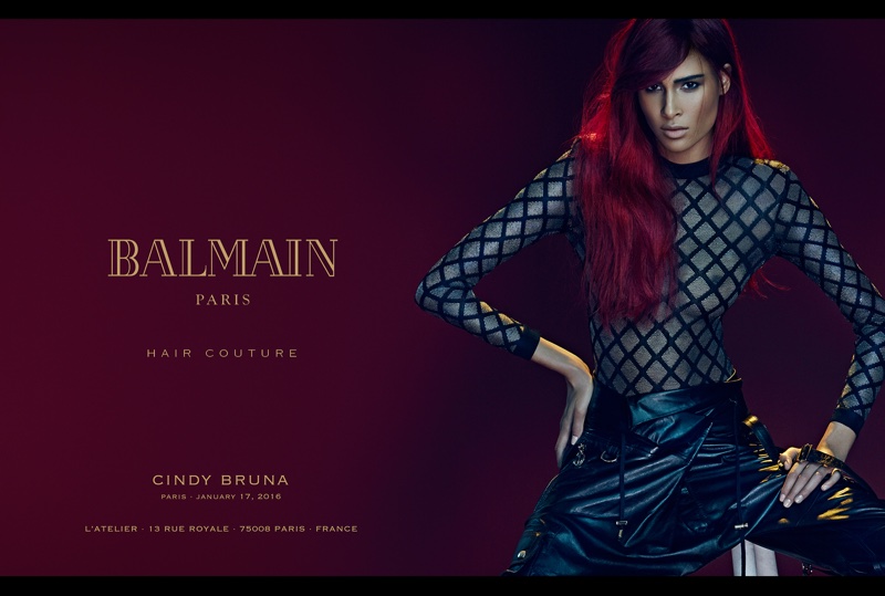 Cindy Bruna models a red hairstyle in Balmain Hair Couture's spring 2016 cmapaign