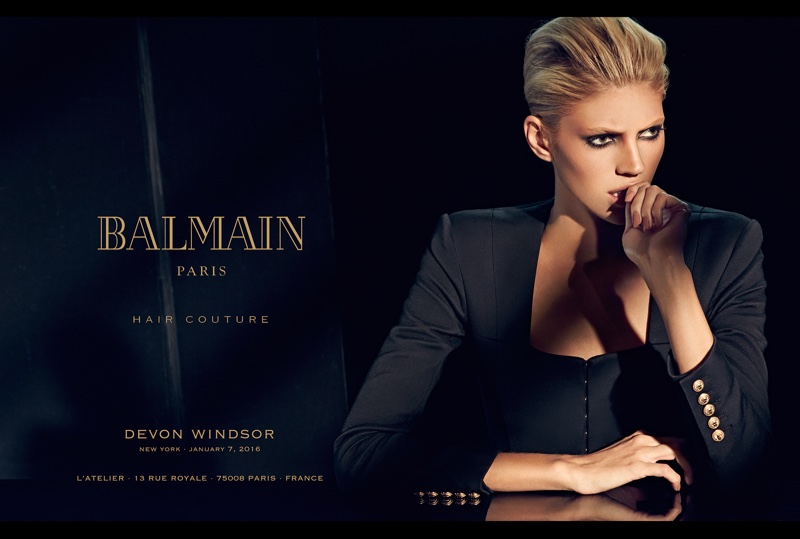 Devon Windsor models a short hairstyle in Balmain Hair Couture's spring 2016 campaign