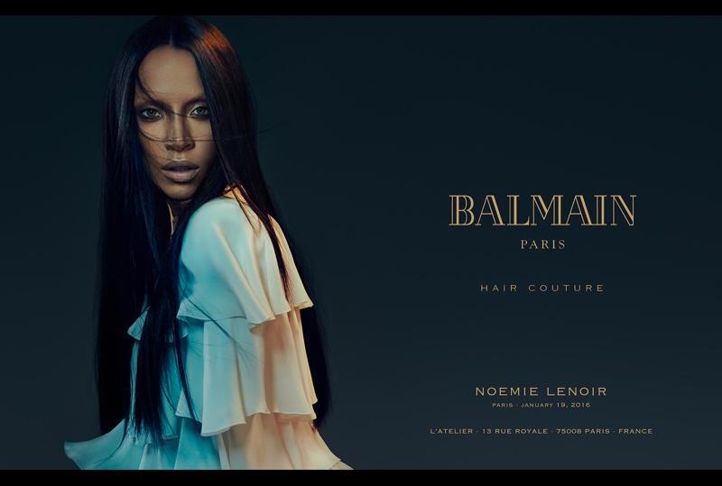 Noemie Lenoir wears a long, straight hairstyle in Balmain Hair spring 2016 campaign