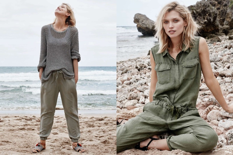 (Left) H&M Hole Patterned Sweater, Conscious Lyocell Joggers, Lace Trimmed Tank Top and Sandals with Tassels (Right) H&M Sleeveless Jumpsuit and Sandals with Fringe