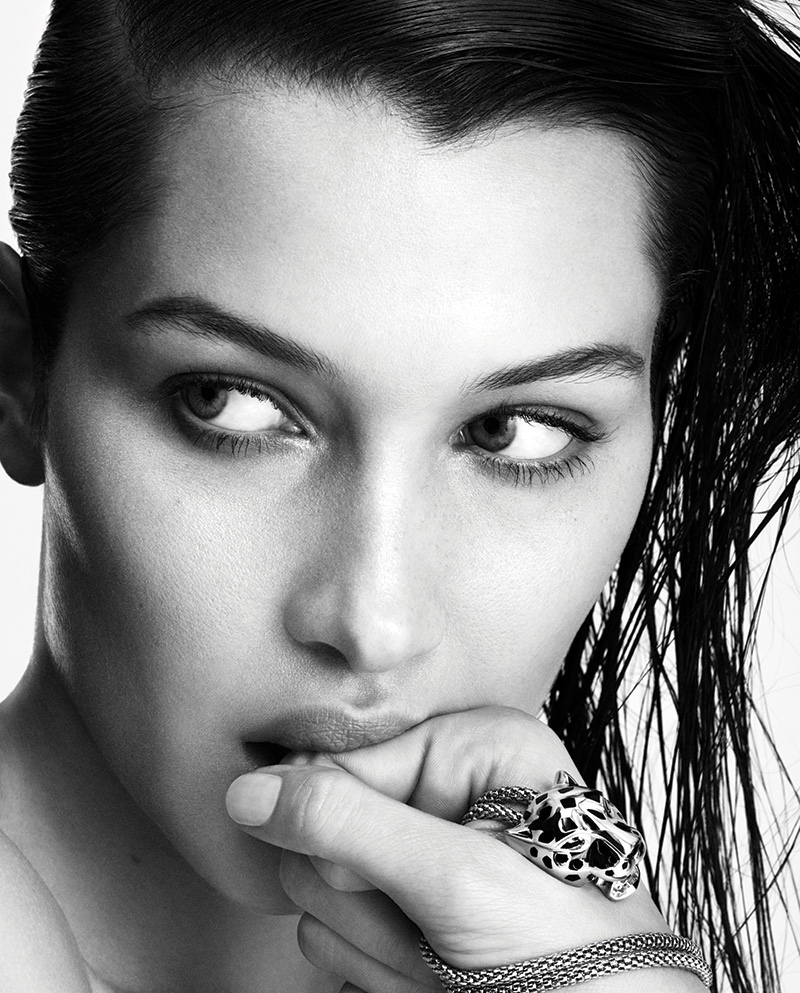 Bella Hadid wears her hair wet in this black and white shot