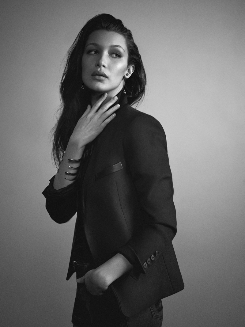 Bella Hadid poses in a fitted blazer for Joe's Jeans spring 2016 advertising campaign