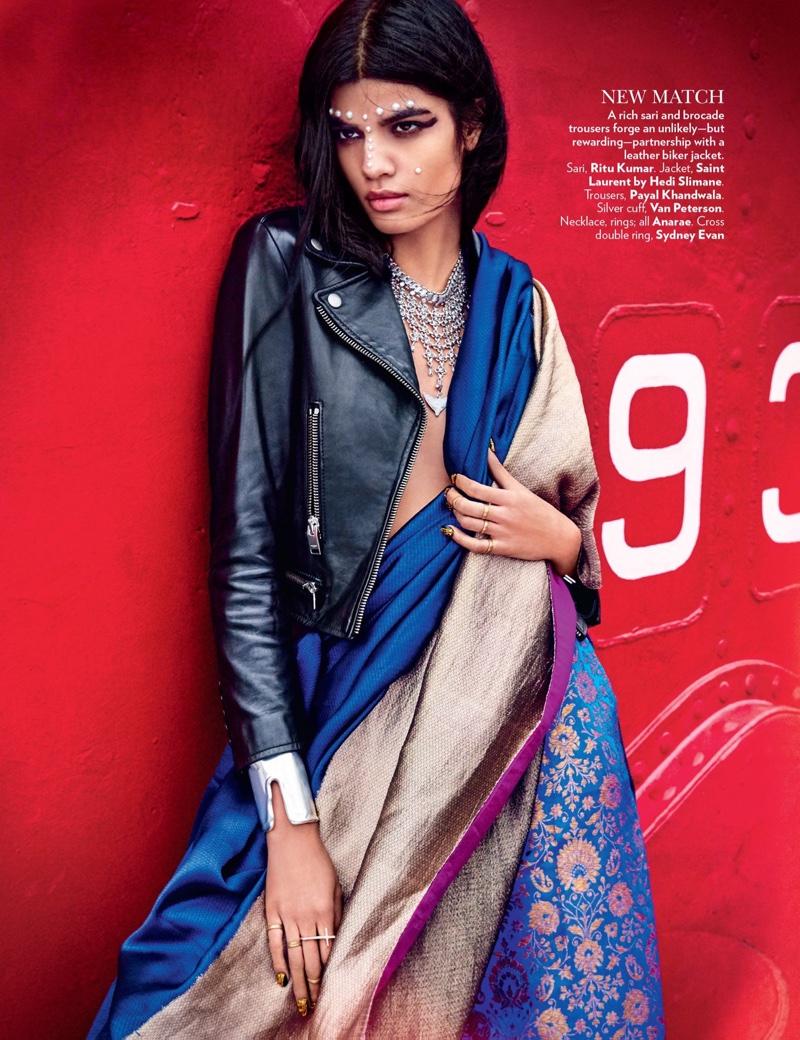 Bhumika Arora poses with a Saint Laurent leather jacket and Ritu Kumar sari