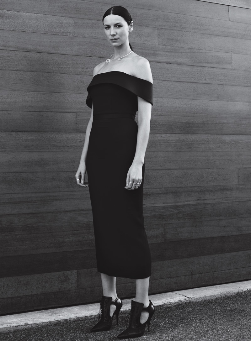 Giving the cold shoulder, Caitriona Balfe wears an off the shoulder dress from BOSS and Givenchy ankle boots