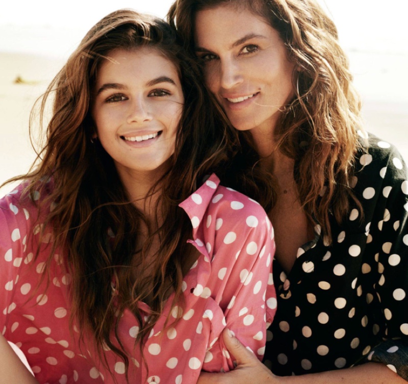 Mother and daughter pair, Cindy Crawford and Kaia Gerber, match in polka dot shirts