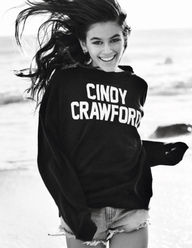 Kaia Gerber models the Cindy Crawford sweatshirt from Reformation