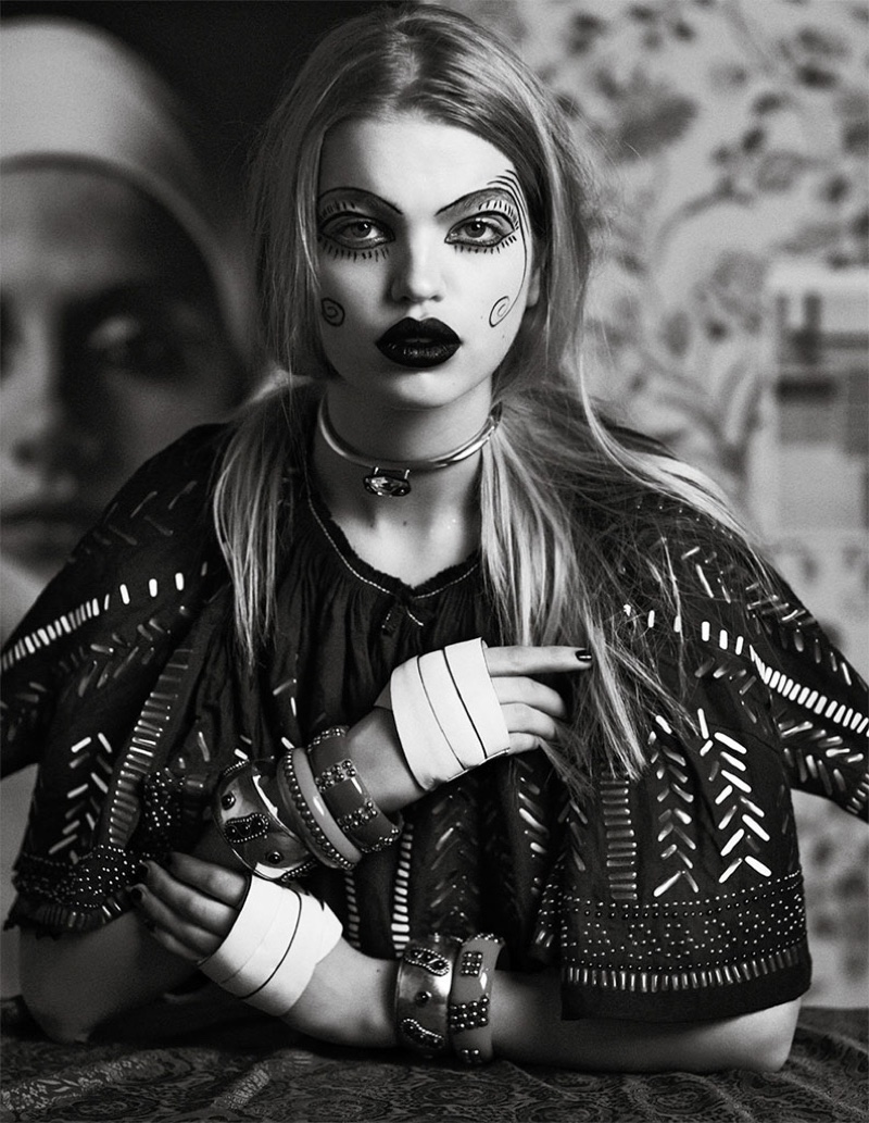 Captured in black and white, Daphne looks punk chic in a studded piece and dark lipstick