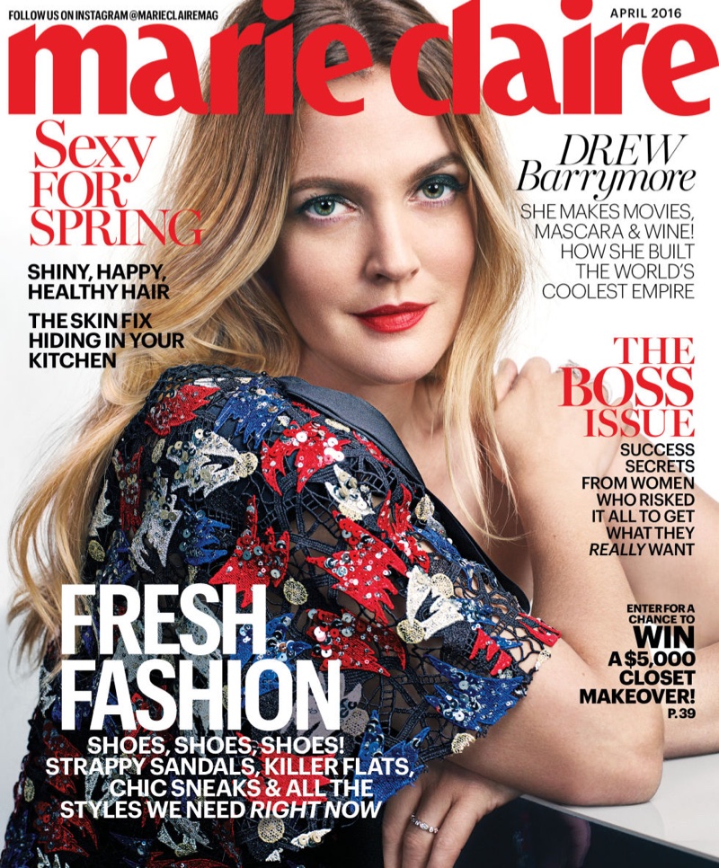 Drew Barrymore on Marie Claire April 2016 Cover