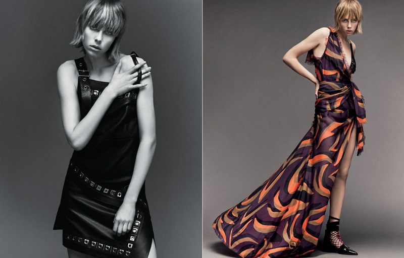 (L) Edie Campbell poses in little black dress (R) Edie models a Versace gown