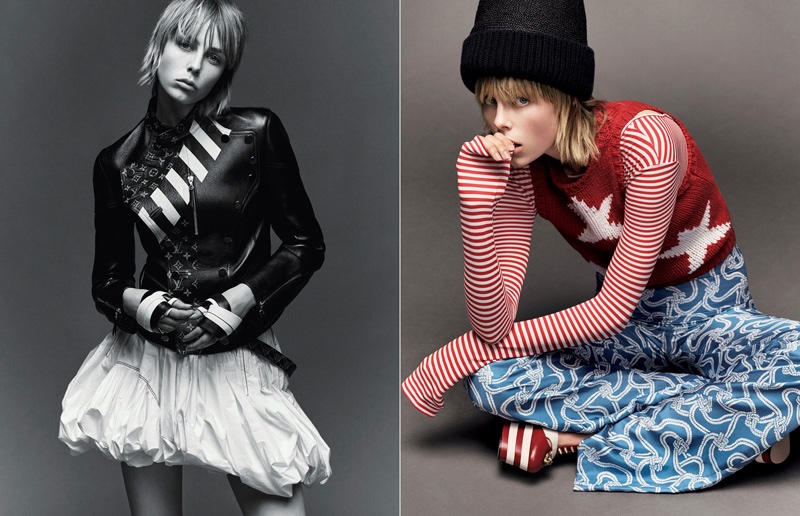 Posing for a fashion editoral, Edie wears a Louis Vuitton leather jacket and balloon skirt (L) with a Max Mara sweater vest, shirt and pants (R)