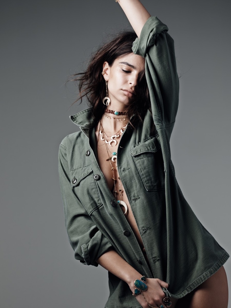 Emily Ratajkowski models a utility jacket in Jacquie Aiche's spring 2016 jewelry campaign