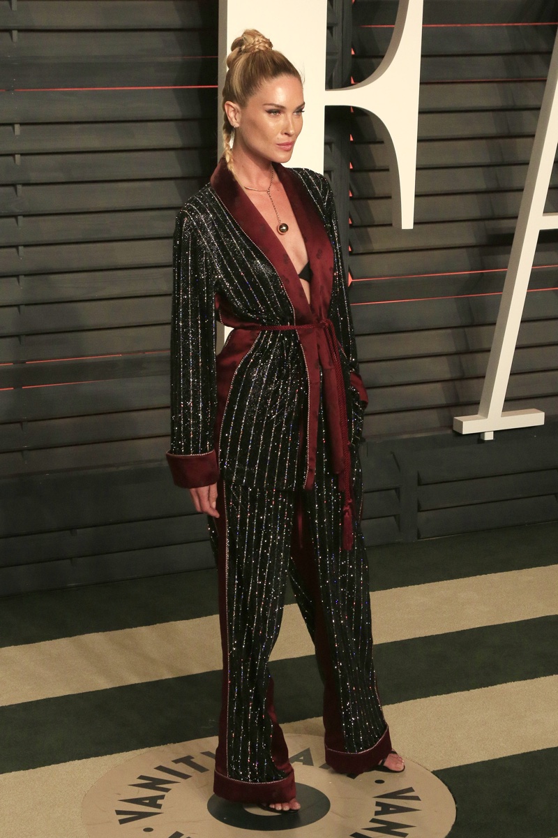 FEBRUARY 2016: Erin Wasson attends the 2016 Vanity Fair Oscar Party wearing a Jean Paul Gaultier pajama top and trousers. Photo: Joe Seer / Shutterstock.com