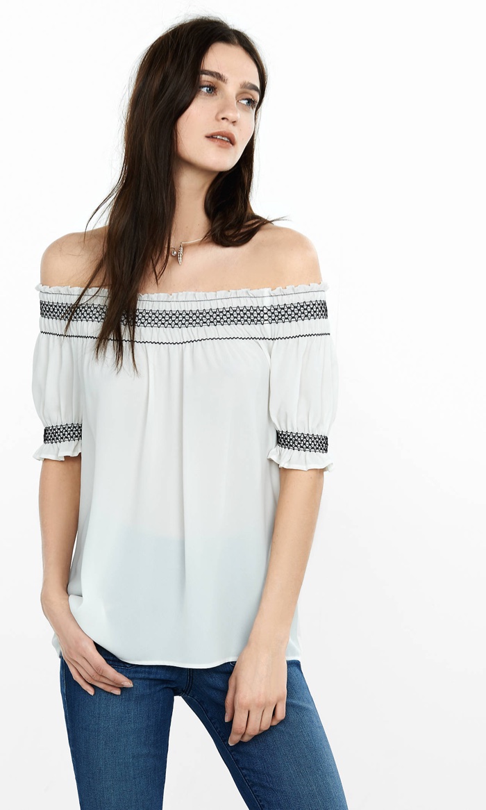 Express Embroidered Off the Shoulder Blouse in Ivory
